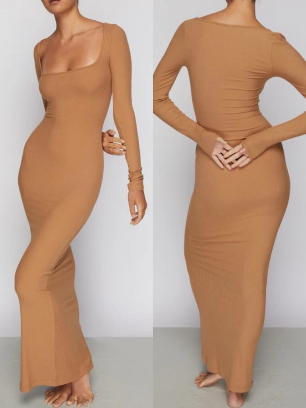 Skims soft lounge ribbed maxi camel brown longsleeve dress